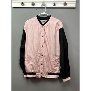 JW Active Jacket Womens Large Pink Black Nylon Windbreaker Bomber Snap Front